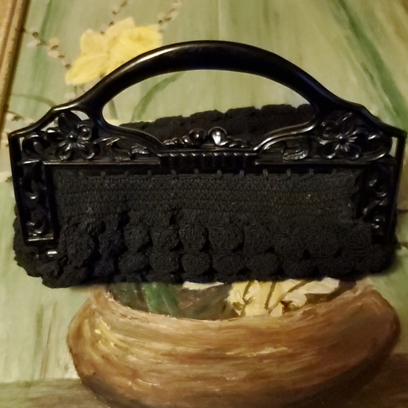 Black Crochet Popcorn Evening Bag Plastic Frame - Picture 3 of 5